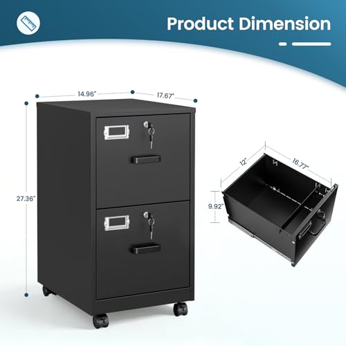 Image of MIIIKO 2 Drawer File Cabinet with Lock, Vertical Metal Filing Cabinets for Home Office, Lockable Storage File Cabinets Under Desk, A4 /Letter File Folders(Black)-Assembly Required
