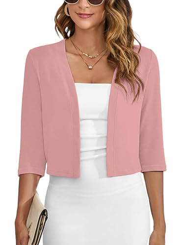 Heymoments Women's Thin Shrugs for Dresses Pink Small Open Front Knit 3/4 Sleeve Lightweight Coat Cropped Tops Shawls and Wraps Cardigan Dressy Sweater Clothes