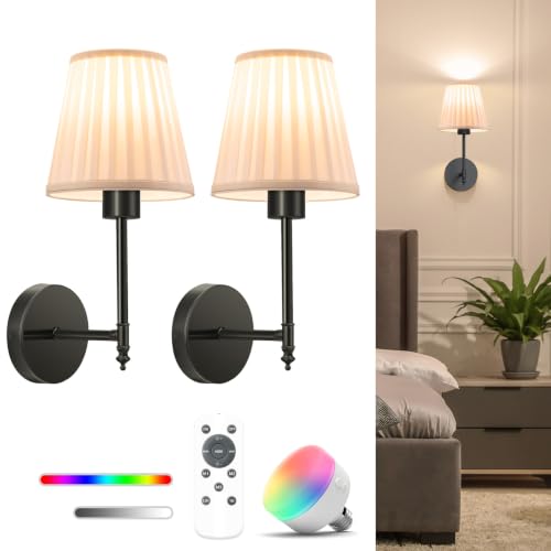 Image of NIORSUN 14.5 inch Battery Operated Wall Sconce Set of 2,Beige-Black Rechargeable Wall Lights with 10400mAh Dimmable Bulbs and Remote, 9 Colors Wireless Wall Lamps for Bedroom Living Room