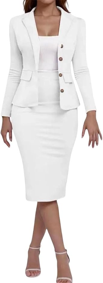 Womens Professional Business Suit Set Long-Sleeve Blazer and Pencil Skirt Two-Piece Set Wear