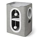 Amazon Basics Casa para Gatos de 2 Pisos para Gatos de Interior, Cueva Cubierta para Gatos con Rascador y Bola Esponjosa, Casas Plegables en Forma de Cubo para Gatos, 43,2 x 35,6 x 57,2 cm, Gris