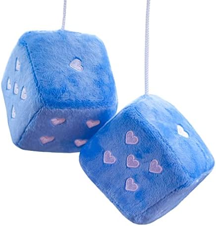 Pair 3” Fuzzy Plush Dice Heart Shape Decor for Car Rearview Mirror, Retro Square Decoration Dice for Car Hanging Accessories (Blue)