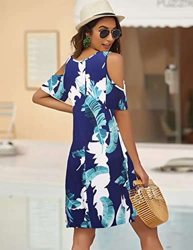 Image of Bluetime Women Cold Shoulder Summer Dress Short Sleeve Beach Casual Loose Swing Dress