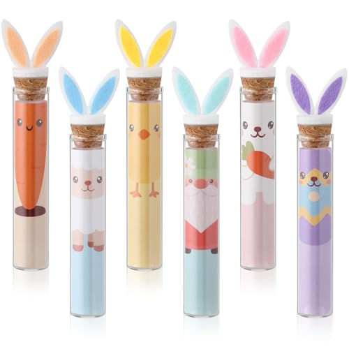 Otuuz Regao de Dinero de Pascua 6 Tubos de Ensayo de Vidrio 6 Tarjetas de Cartón Decorativas con Huevos Conejos Corderos Pollitos 6 Orejas de Conejo 3D y Puntos Adhesivos Decoraciones para Billetes