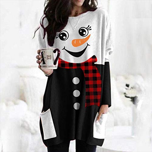 Xmas Tunic Tops for Women, Long Sleeve Sequins Plaid Patchwork Casual Blouses with Pockets 3XL (Snow-Black, L)