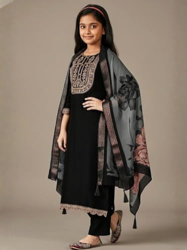 Image of Girls Ethnic Embroidered Silk Kurta Pant and Jacquard Dupatta Set | Kids Salwar Suit | three piece Traditional Outfit