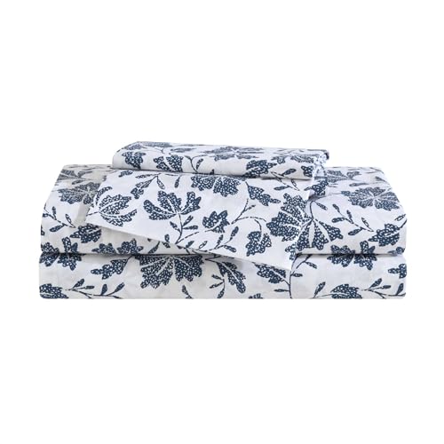Image of Eddie Bauer - Full Sheet Set, Premium Cotton Percale Bedding Set, Floral Home Decor, Oeko-Tex Certified (Woodblock Floral Blue, Full)