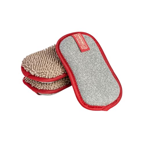 CAMPANELLI Premium Dual-Sided Dish Sponge | Chenille Microfiber & DiamondFiber Scrubber Washable Reusable Sponges for Dishes Pots & Pans Ergonomic Grip | 3 Pack - Taupe Gray Red