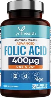 Folic Acid 400 mcg Tablets - 400 Vegan Vitamin B9 Tablets for Women, 13 Month Supply, Folic Acid Pregnancy for Normal Function of Immune System and Maternal Tissue Growth - Made in The UK by YrHealth