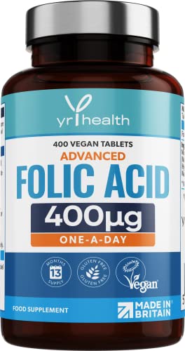 Folic Acid 400 mcg Tablets - 400 Vegan Vitamin B9 Tablets for Women, 13 Month Supply, Folic Acid Pregnancy for Normal Function of Immune System and Maternal Tissue Growth - Made in The UK by YrHealth