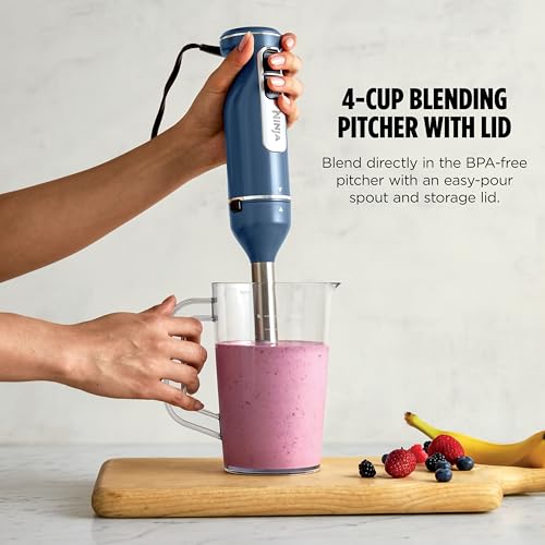 Image of Ninja Immersion Blender and Whisk, Hand Stick Blender, 4 Speeds, with SplatterShield and PanProtect, 4-Cup Blending Vessel, Dishwasher Safe, 5-ft Cord, Ergonomic, Deep Navy, CI201ND