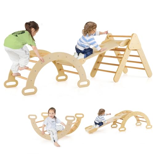 Image of Costzon Climbing Toys for Toddlers, 5 in 1 Foldable Montessori Wooden Arch Climber Ladder with Sliding Ramp, Multi-Combination Methods, Kids Triangle Climber Play Gym Set for Boys Girls Present