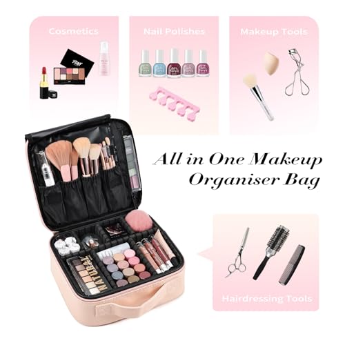 Joligrace Makeup Bag Cosmetic Case Vanity Travel Beauty Box Make Up Train Case Hairdressing Tools Organiser with Adjustable Compartment - Image 2