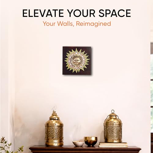 Image of Surya Wall Accent with beautiful Brass Sculpture of Surya Dev | Handcrafted Wall Art for Home Decor & Office Spaces