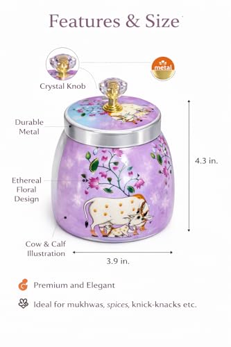 Image of Decorative Flower Printed Pichwai Jars | Metal Storage Jars with Lid | Traditional Indian Art Containers for Sweets, Spices, Pooja & Return Gifting