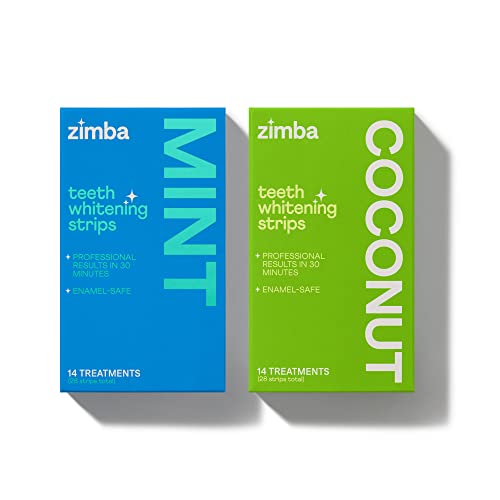 Zimba Teeth Whitening Strips for Teeth Sensitive Vegan White Strips for Teeth Whitening Hydrogen Peroxide Teeth Whitener Stain Remover 56 White Strips (28 Day Treatment), Mint & Coconut