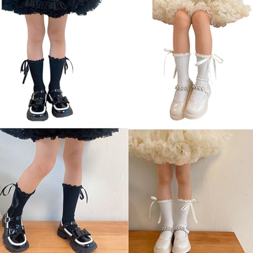 Lace Up Ribbon Bowknot Socks Cotton Midcalf Socks Girl Spring Knitting Socks for Little Girls with Ruffle2