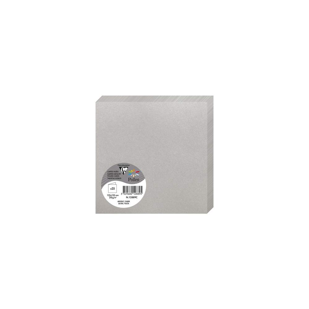 Clairefontaine 12889C Silver Iridescent Paper Pack of 25 Double Cards Square 13.5x13.5cm 210gsm Invitation Correspondence Cards Pollen Range Premium Smooth