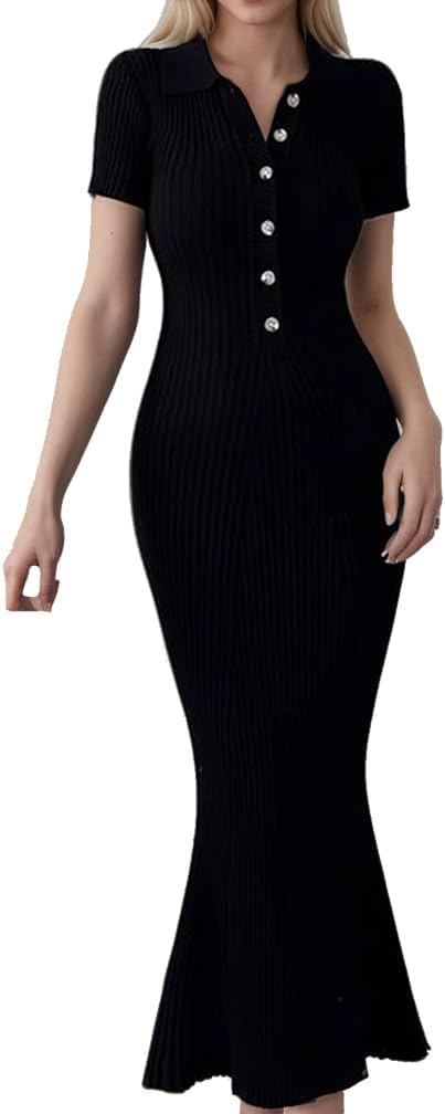 Women Elegant Half Button Ribbed Knit Bodycon Long Dress Slim Fit Short Sleeve Collar V Neck Sweater Midi Dress