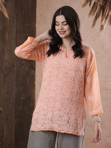 Image of Ada Women's Georgette Regular Fit Chikankari Hand Embroidered Lucknow Short Kurti Top A911224