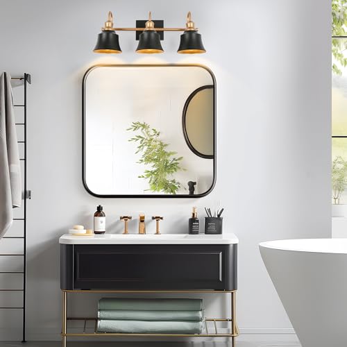 Image of KSANA Bathroom Light Fixtures, 3 Light Vanity Lighting Fixtures Over Mirror, Modern Farmhouse Vanity Lights for Bathroom, Bedroom, Matte Black and Dark Gold Finish