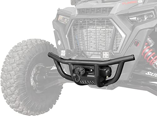 SuperATV Winch-Ready Front Bumper for Polaris RZR XP Turbo S (See Fitment) - Made of Heavy Duty Steel Tubing - 6000 Lb. SuperATV Winch with Synthetic Rope Included - Black, UV Resistant Powder Coating