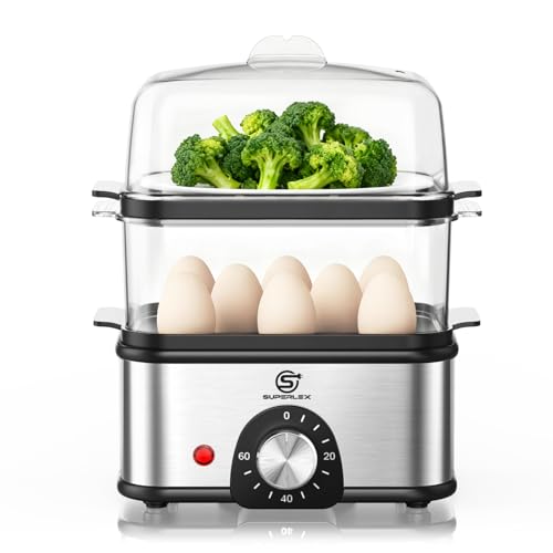 SUPERLEX 2-Schicht Eierkocher Edelstahl für bis zu 16 Eier, elektrischer Dampfgarer, mit Zeiteinstellung zur Härteeinstellung, 60-Min Timer, automatische Abschaltung zum Überhitzungsschutz, BPA-frei