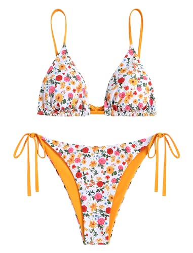 Image of ZAFUL Women's Triangle Bikini Floral String Bikini Set Two Piece Swimsuit Bathing Suits