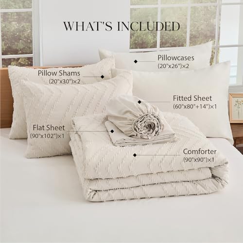 Image of Andency Beige Queen Comforter Set, Bed in a Bag - 7 Pieces Boho Tufted Cream Bedding Set with 1 Comforter, 1 Flat Sheet, 1 Fitted Sheet, 2 Pillow Shams, 2 Pillowcases