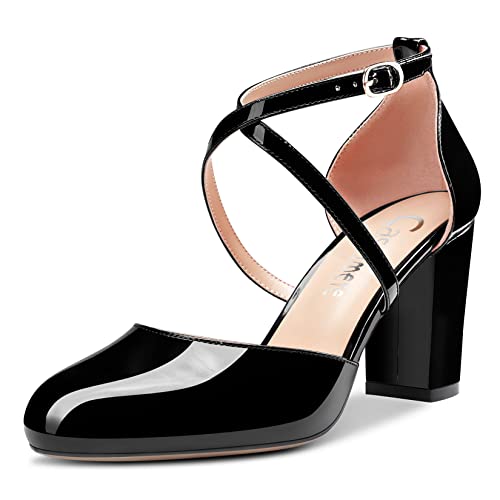 Castamere Women Chunky Block Mid Heel Round Toe Cross-Strap Pumps Slip-on Classic Cute Dress 3.2 Inches Heels