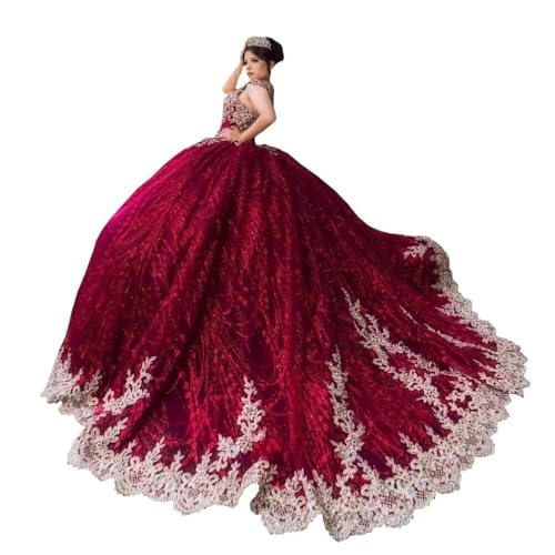 Gliter Tulle Gold Applique Beading Cap Sleeves Wedding Dresses Ball Gown Long Train Corst Back 2025