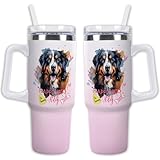 GABSHAIM Custom 40oz Gradient Pink Insulated Tumbler with Straw Lid, Smiling Bernese Mountain Dog Pattern Travel Mug, Happiness Is Having A Dog Double-Sided Design, Leak-Proof, for Women