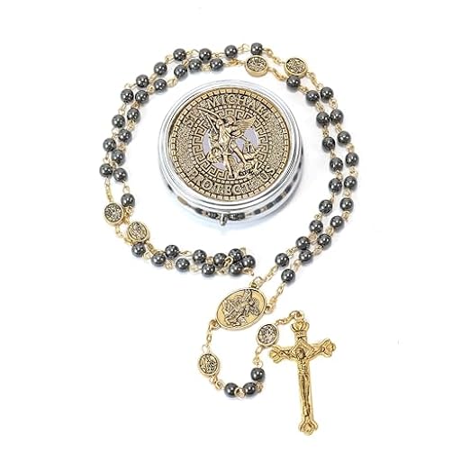 Nazareth Store Rosario de San Miguel, collar de cuentas de piedra de hematita, cuentas de gloria, medalla de arcángel y crucifijo para hombres y mujeres en caja de metal, 20 Inches, Zinc, No es una | Ya disponible en tu tienda friki favorita! En mundofriki.es!
