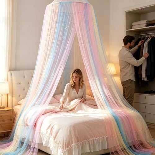 Toldo para niñas sobre la cama con dosel de arcoíris y cúpula para dormitorio 4