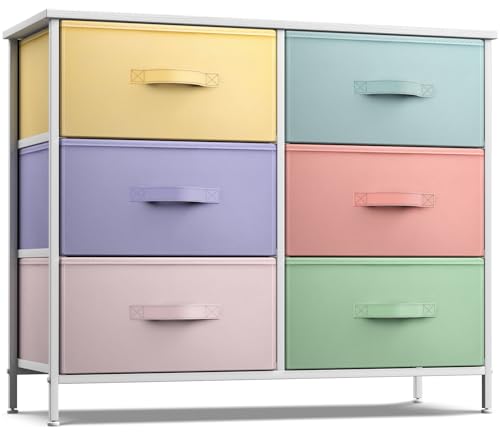 Image of Sorbus Dresser with 6 Drawers - Furniture Storage Tower Unit for Bedroom, Hallway, Closet, Office Organization - Steel Frame, Wood Top, Easy Pull Fabric Bins (Pastel/White)