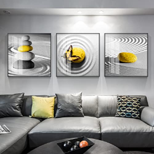Toile peinture salon moderne jaune noir déco murale nordique triptyque 80x80