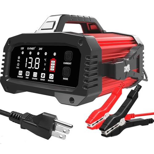 E-FAST 25A Smart Car Battery Charger, 12V/24V Automatic Automotive Battery Maintainer & Desulfator with 200s Booster Mode - Adjustable Amp Trickle Charger for Lead-Acid, AGM, Gel, LiFePO4