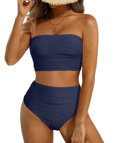 Image of High Waisted Bandeau Bikini Set - Women Strapless Two Piece Swimsuits Ribbed Longline Full Coverage Bathing Suits Swimwear