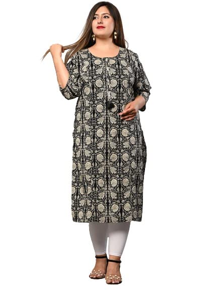 Women Floral Printed Pure Cotton Plus Size Straight Kurta (Black)