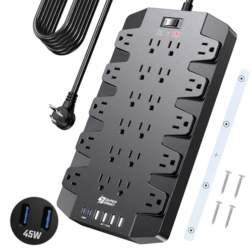 SUPERDANNY Regleta protectora contra sobretensiones con cable de extensión de 15 pies, 22 tomas, 6 puertos USB, carga rápida de 45 W, 1875 W/15 A, 2100 J, enchufe de 45°, montable, ideal para el