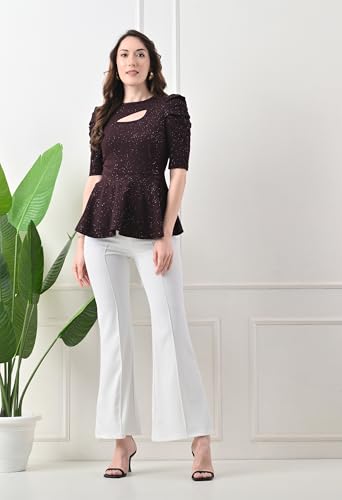 Image of Women's Glitter Peplum Top with Keyhole Neck | Puff Sleeve Top