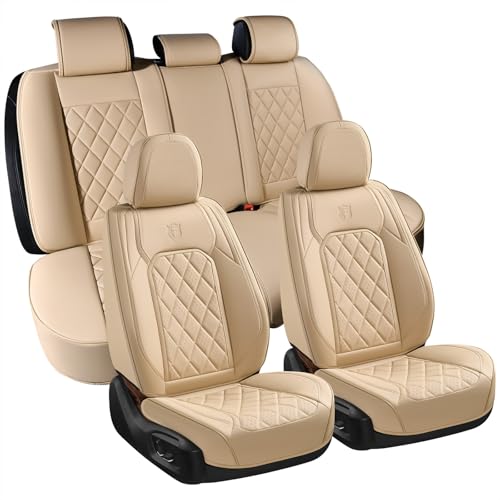Image of Coverado Car Seat Covers Full Set, 5 Seat Universal Seat Cover for Cars, Luxury Faux Leather Waterproof Seat Covers, Front and Back Car Seat Protector, Auto Seat Covers Fit for Most Vehicles, Beige