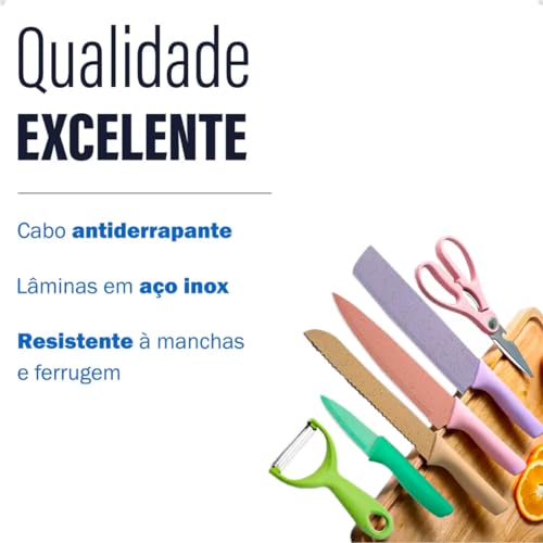 Conjunto Jogo Faca Colorida 6 Peças Inox Kit Culinário Faqueiro Cozinha Carne Legume Churrasco Fruta