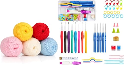 Image of Styllent 57 PCS Complete Crochet Kit for Beginners & Adults with Yarn Balls, Ergonomic Crochet Hooks, Steel Hooks, Stitch Markers, Storage Box, Knitting Accessories & Sewing Tools Set