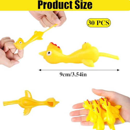RXKFIGX 30 Stück Schleuder Huhn Fingerspitze Gummihuhn Schnipsen Gummi Strecken Fliegende Hühner lustig Finger Strecken Fliegende Hühner Katapult Huhn