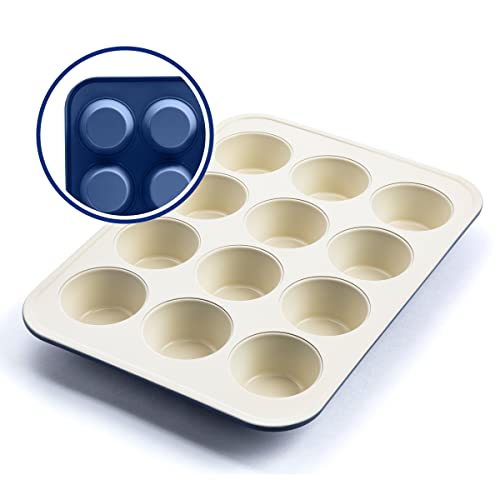 GreenLife 12-Cup Muffin Pan, PFAS-Free Healthy Nonstick Baking Tray, 11.4" x 1.9" x 15.9", Durable Ceramic Bakeware, Cupcakes, Egg Bites, Tarts, Brownies, Blue by GreenLife - Used condition - US$20.69