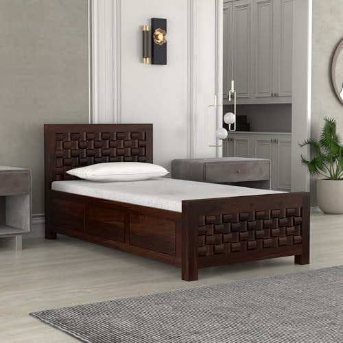 Image of Sheesham Wood Single Size Bed with Storage Box | Wooden Cot for Bedroom | Premium Niwar Design Headboard Bed for Living Room | Walnut Finish