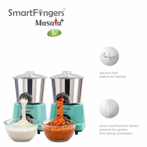 Image of SmartFingers Masala + Table Top Wet Grinder 230V, 3 Liter, Green with Coconut Scrapper & Atta Kneader Attachment | Hands-Free Batter Dispenser | Top Wiper, 220W Motor | 5 Years Warranty | AISI 304