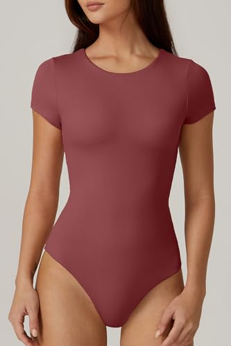 Image of QINSEN Women's Crew Neck Short Sleeve Bodysuit Double Lined Body Suits Basic T-shirt Tops