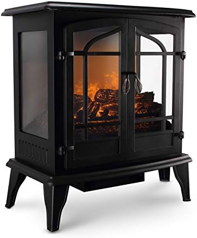 Della 17 Inch 1400W Electric Fireplace Compact Freestanding Portable Stove Remote Controlled Heater with Realistic LED Flames, for Living Room or Bedroom - Black
